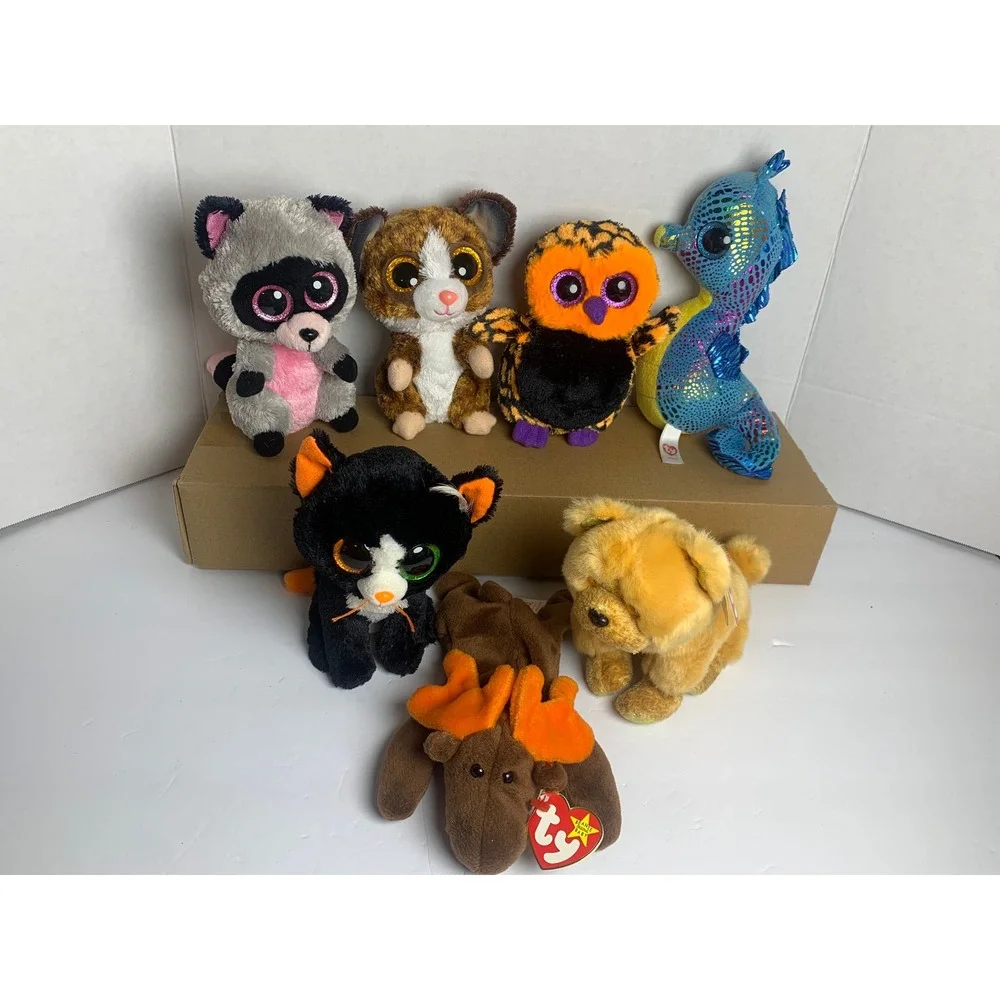 Ty Beanie Boos and Beanie Babies‎ Lot of 7 Chocolate Moose Neptune Zodiac Dog+
